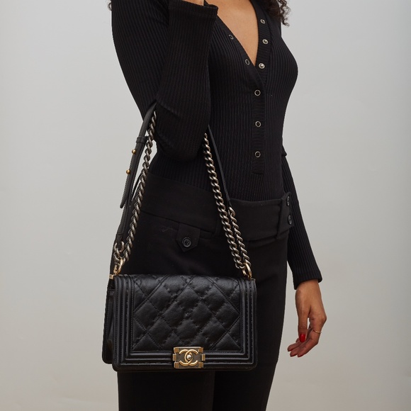 CHANEL CALFSKIN QUILTED DOUBLE STITCH MEDIUM BOY FLAP BAG BLACK (2014) - Picture 12 of 13